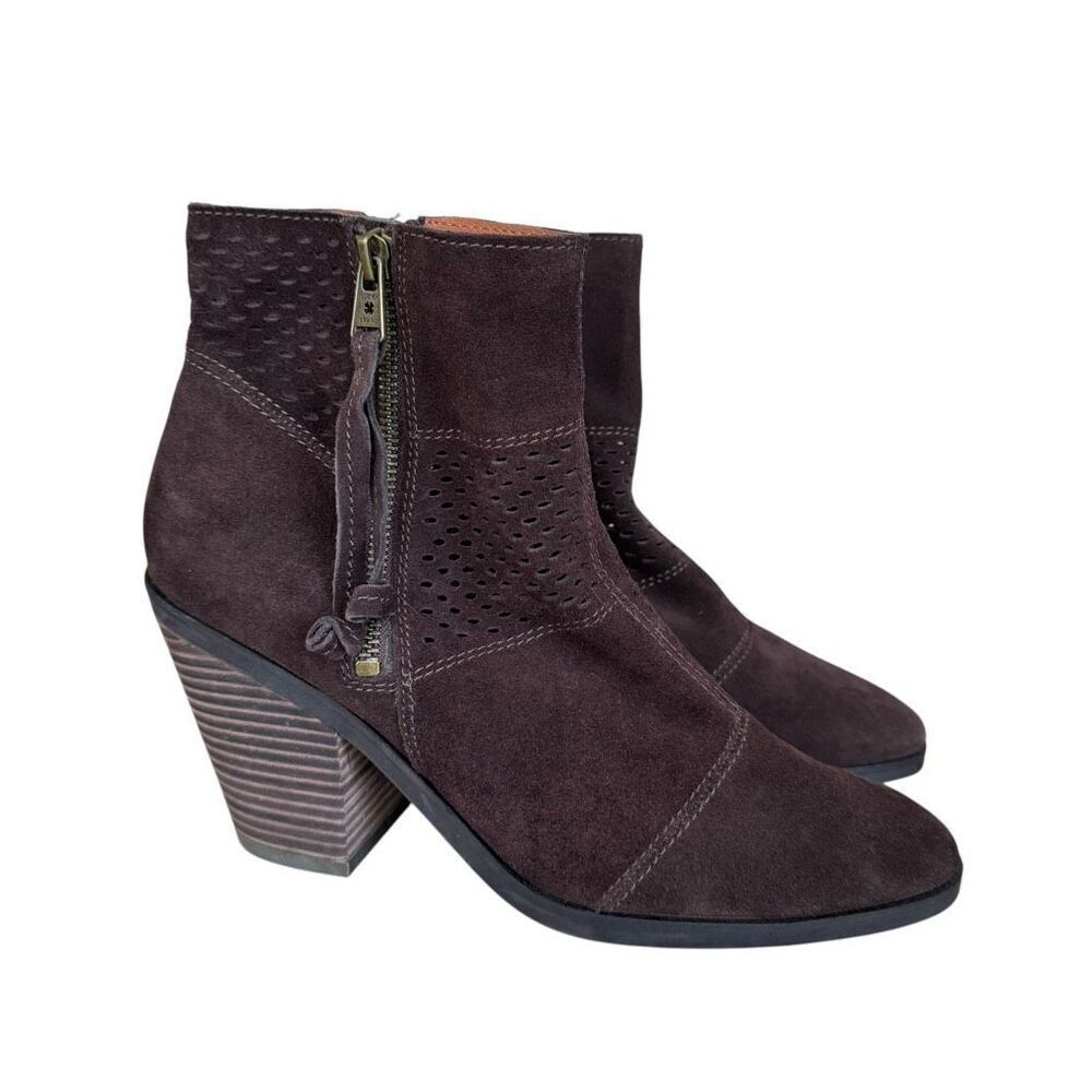 Lucky Brand Ramses Patch Ankle Brown Suede Boots Block Heels Shoes sz 9.5